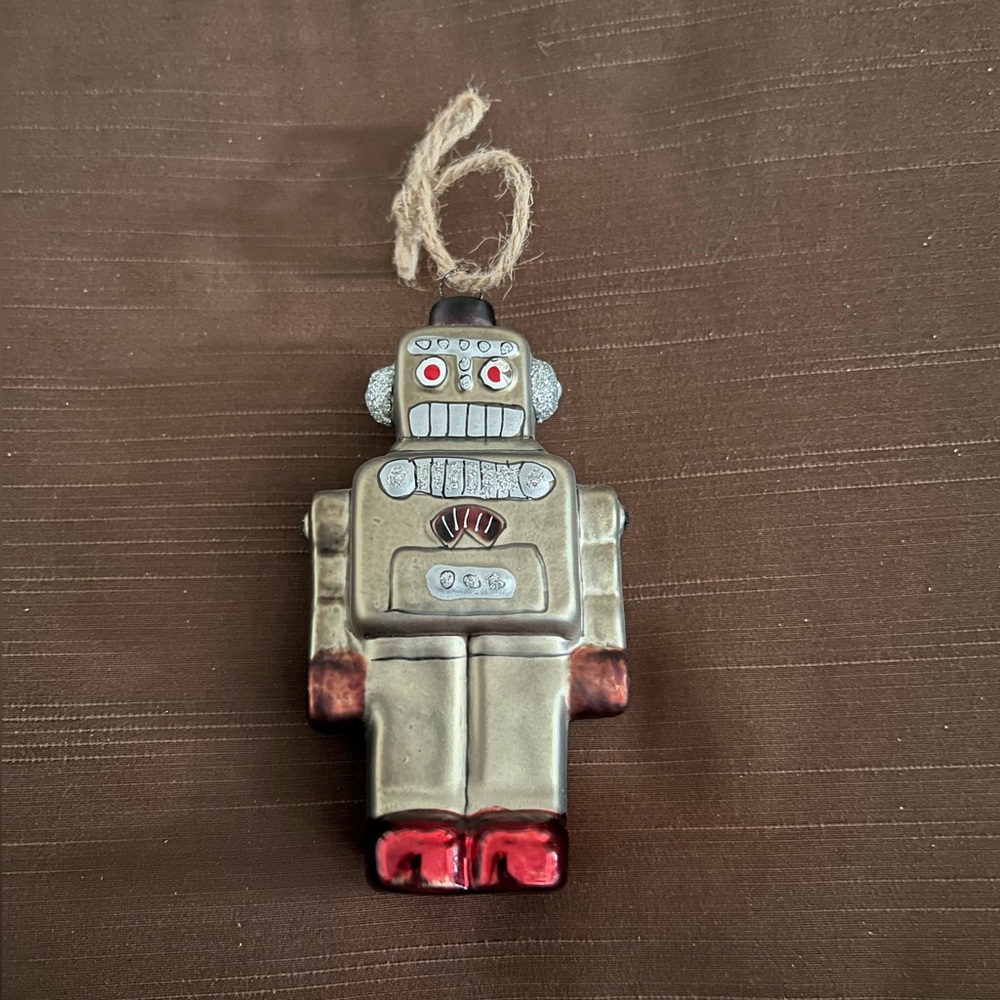 Robot blown glass Ornament. Silver, Red Silver glitter accents.